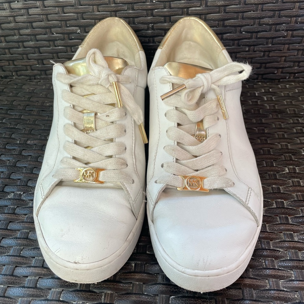 Michael Kors White and Gold Tennis Shoes Irving Women’s Size 7.5